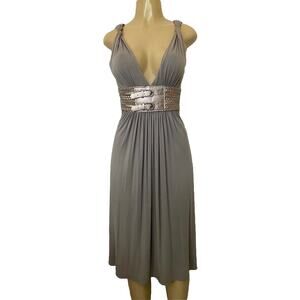 SKY Dress Gray V neck Braided Belt 3/4 Sleeveless Empire Waist Aline Mid…